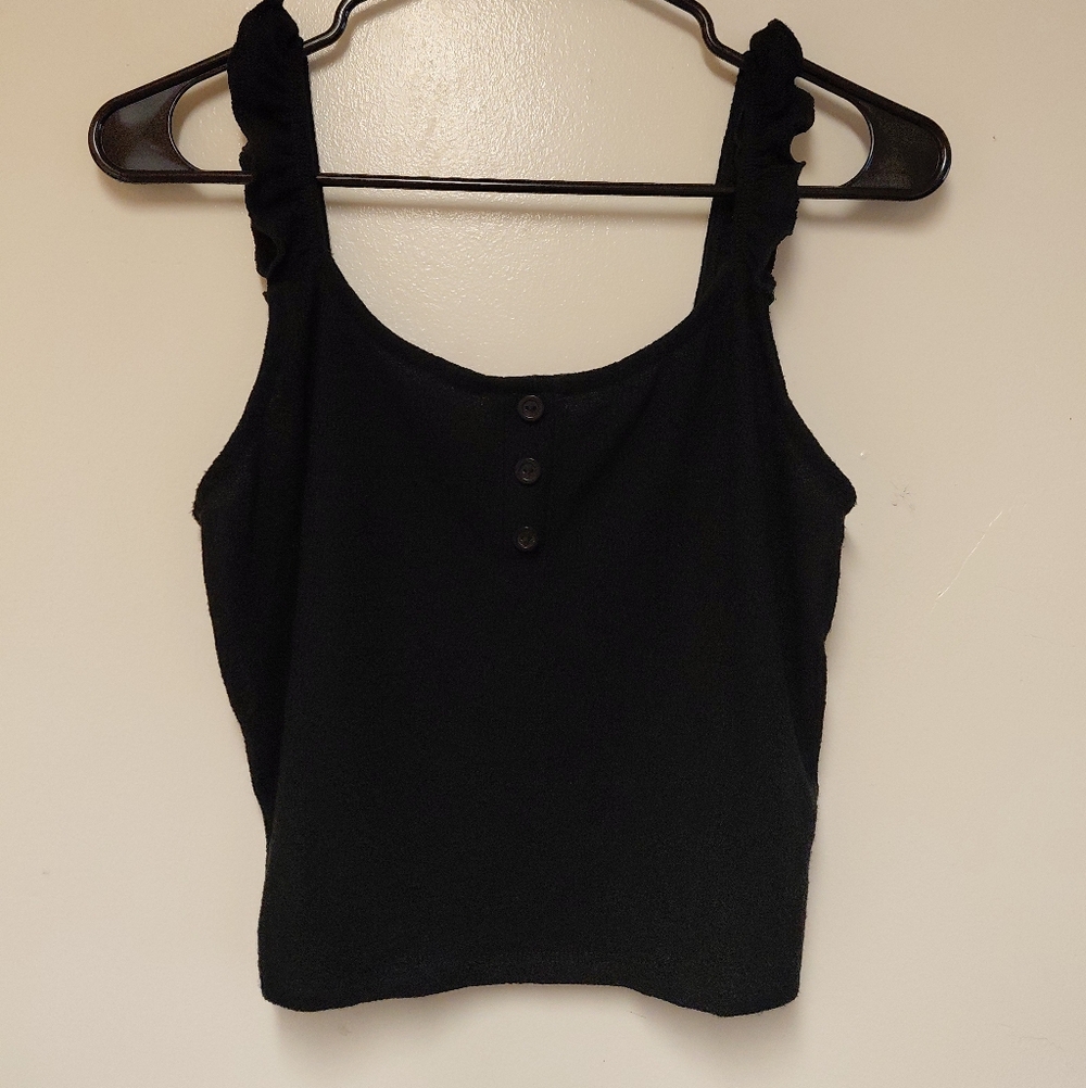 Cute Black Cropped Ruffled Tank Top Size L